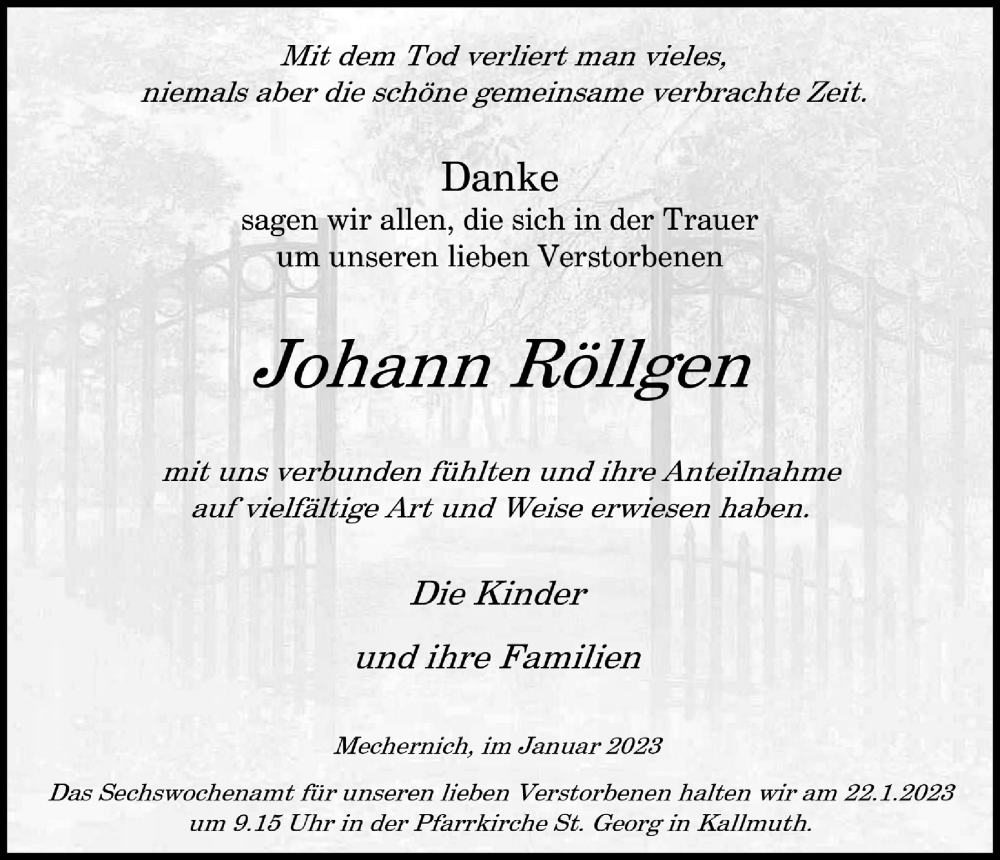  Traueranzeige für Johann Röllgen vom 14.01.2023 aus  Blickpunkt Euskirchen 