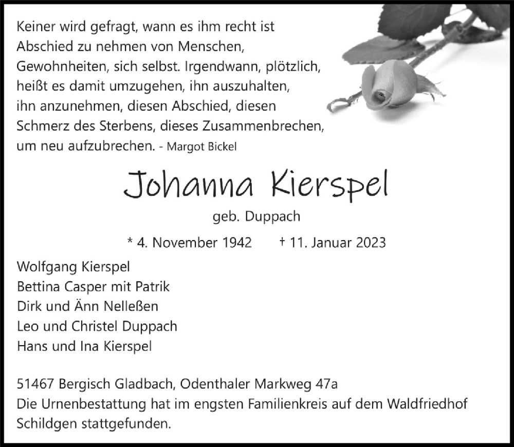  Traueranzeige für Johanna Kierspel vom 27.01.2023 aus  Bergisches Handelsblatt 