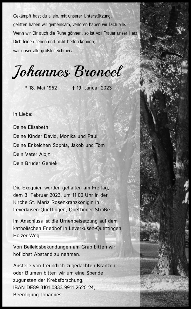 Traueranzeige für Johannes Broncel vom 28.01.2023 aus Kölner Stadt-Anzeiger / Kölnische Rundschau / Express