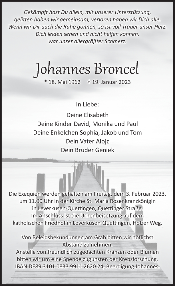  Traueranzeige für Johannes Broncel vom 27.01.2023 aus  Lokale Informationen 