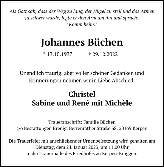 Anzeige von Johannes Büchen von Kölner Stadt-Anzeiger / Kölnische Rundschau / Express