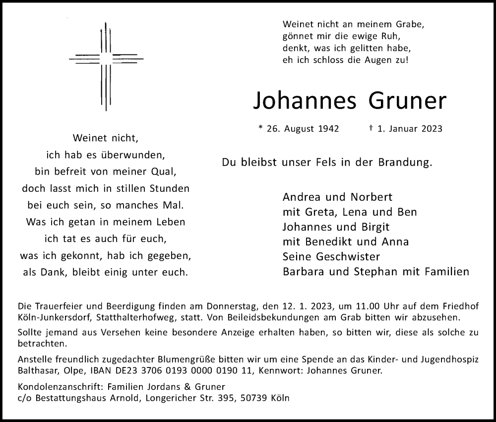  Traueranzeige für Johannes Gruner vom 07.01.2023 aus Kölner Stadt-Anzeiger / Kölnische Rundschau / Express