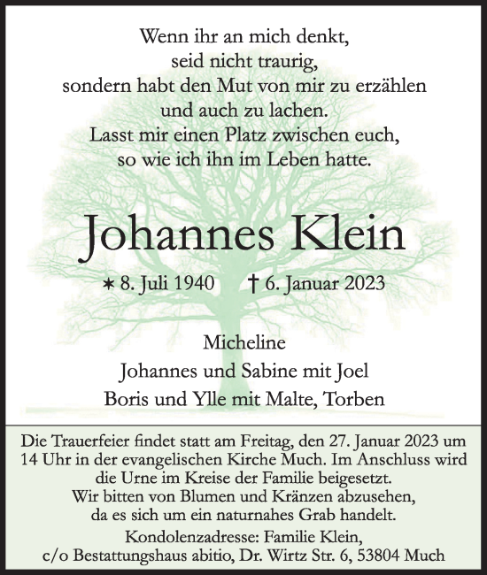 Anzeige von Johannes Klein von Kölner Stadt-Anzeiger / Kölnische Rundschau / Express