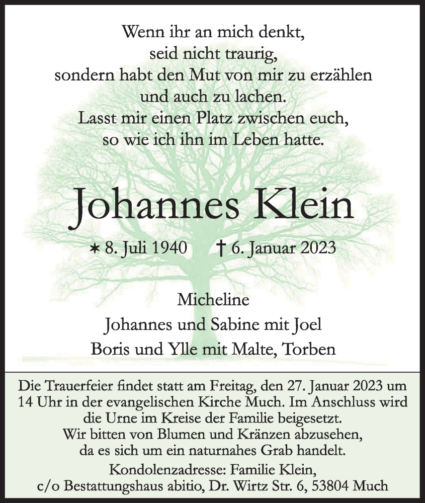  Traueranzeige für Johannes Klein vom 14.01.2023 aus Kölner Stadt-Anzeiger / Kölnische Rundschau / Express
