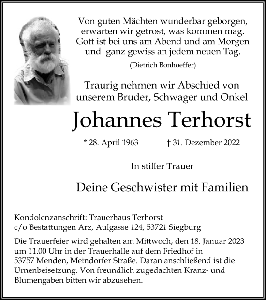 Anzeige von Johannes Terhorst von Kölner Stadt-Anzeiger / Kölnische Rundschau / Express