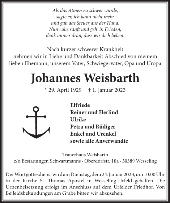 Anzeige von Johannes Weisbarth von  Schlossbote/Werbekurier 