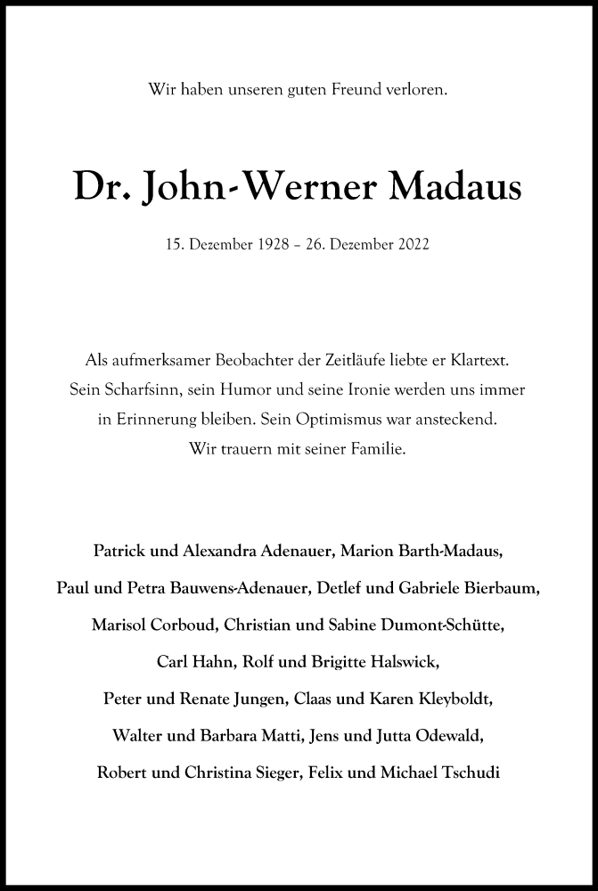  Traueranzeige für John-Werner Madaus vom 05.01.2023 aus Kölner Stadt-Anzeiger / Kölnische Rundschau / Express