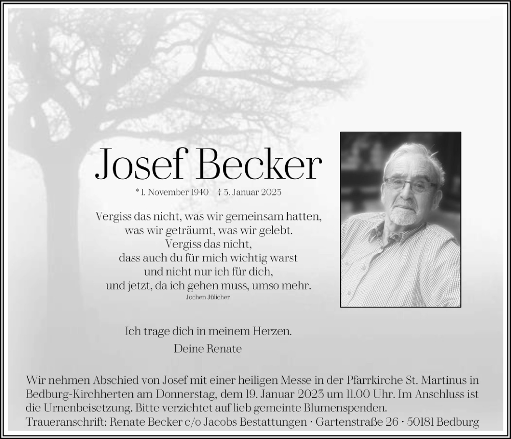  Traueranzeige für Josef Becker vom 13.01.2023 aus  Werbepost 