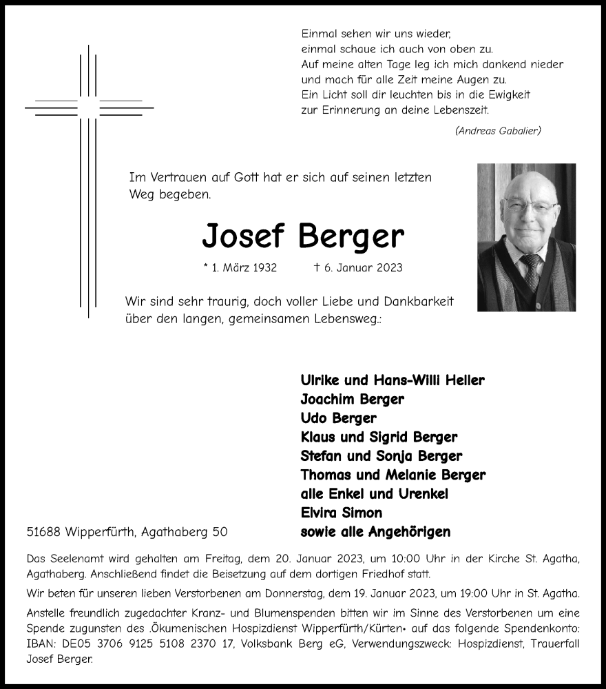  Traueranzeige für Josef Berger vom 14.01.2023 aus Kölner Stadt-Anzeiger / Kölnische Rundschau / Express