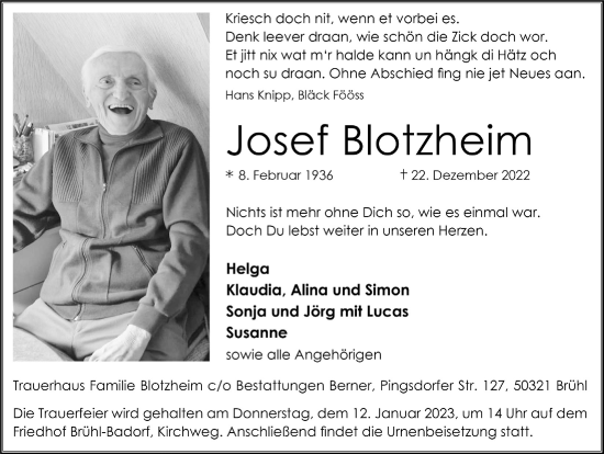 Anzeige von Josef Blotzheim von  Schlossbote/Werbekurier 