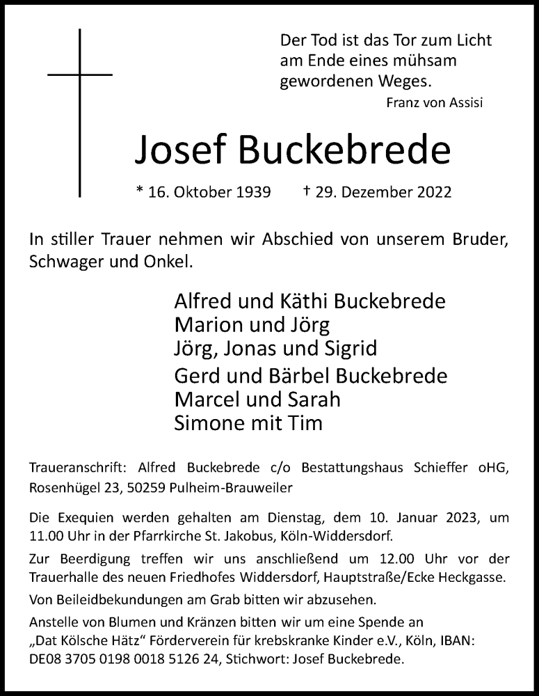  Traueranzeige für Josef Buckebrede vom 07.01.2023 aus Kölner Stadt-Anzeiger / Kölnische Rundschau / Express