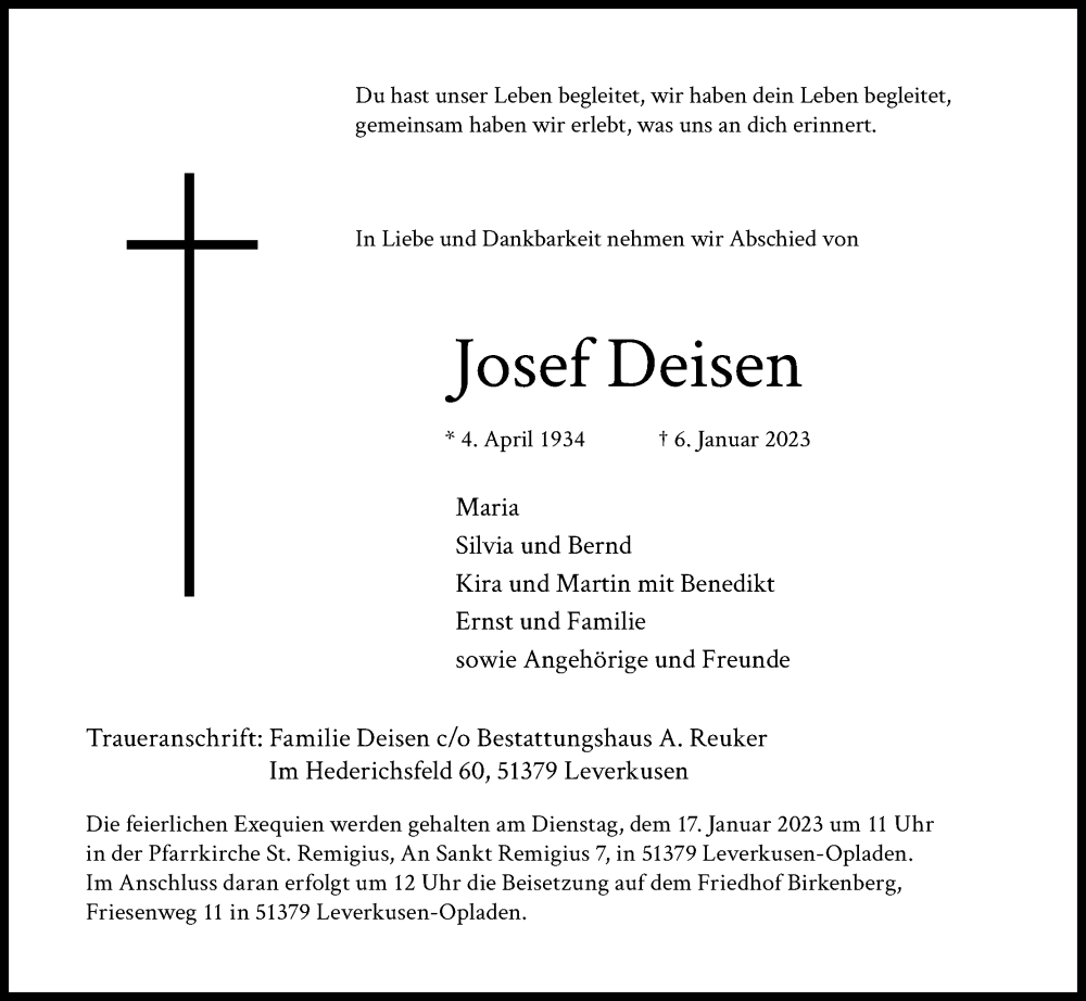  Traueranzeige für Josef Deisen vom 13.01.2023 aus Kölner Stadt-Anzeiger / Kölnische Rundschau / Express