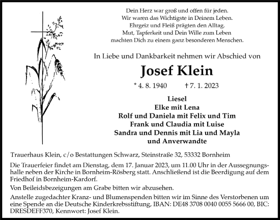 Anzeige von Josef Klein von  Schaufenster/Blickpunkt 