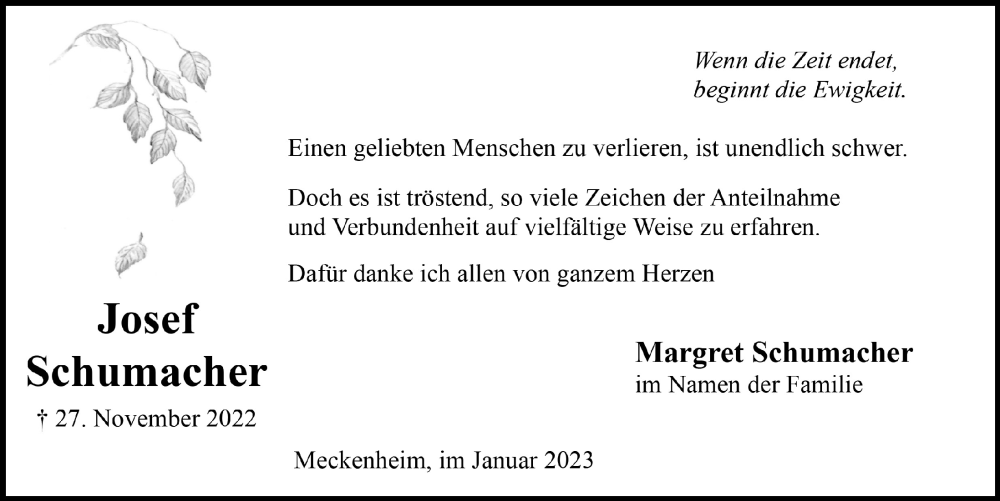  Traueranzeige für Josef Schumacher vom 20.01.2023 aus  Schaufenster/Blickpunkt 