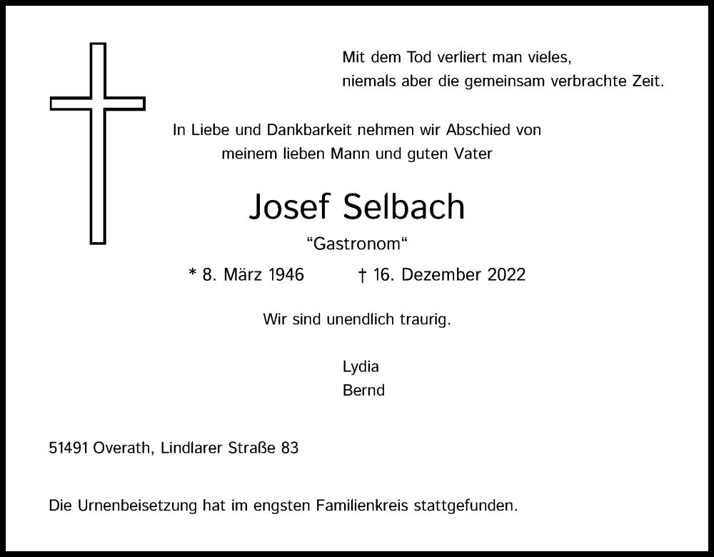  Traueranzeige für Josef Selbach vom 07.01.2023 aus Kölner Stadt-Anzeiger / Kölnische Rundschau / Express