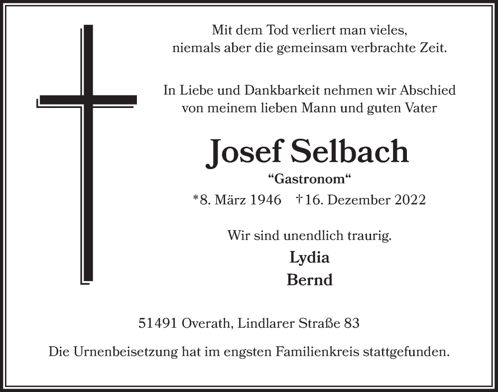  Traueranzeige für Josef Selbach vom 06.01.2023 aus  Bergisches Handelsblatt 