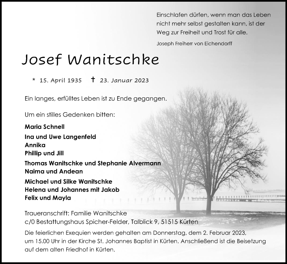  Traueranzeige für Josef Wanitschke vom 28.01.2023 aus Kölner Stadt-Anzeiger / Kölnische Rundschau / Express