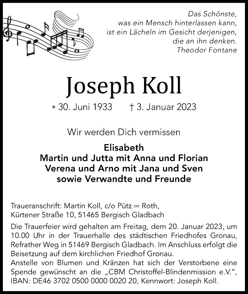  Traueranzeige für Joseph Koll vom 14.01.2023 aus Kölner Stadt-Anzeiger / Kölnische Rundschau / Express