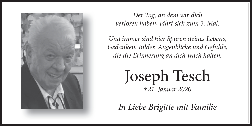  Traueranzeige für Joseph Tesch vom 20.01.2023 aus  Wochenende 