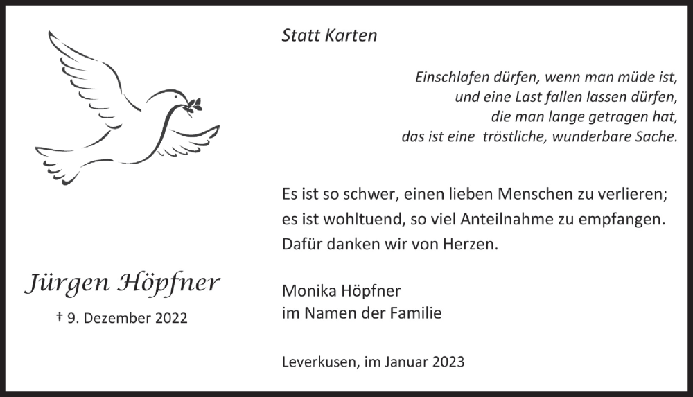  Traueranzeige für Jürgen Höpfner vom 27.01.2023 aus  Lokale Informationen 