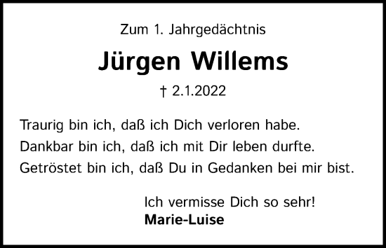 Anzeige von Jürgen Willems von Kölner Stadt-Anzeiger / Kölnische Rundschau / Express