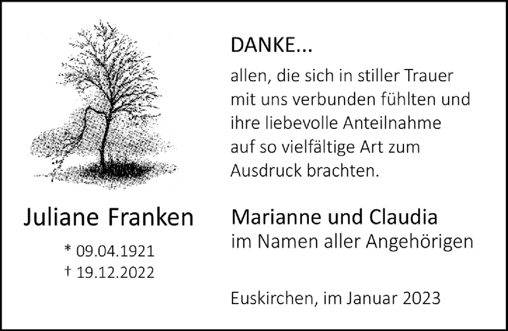  Traueranzeige für Juliane Franken vom 28.01.2023 aus  Blickpunkt Euskirchen 