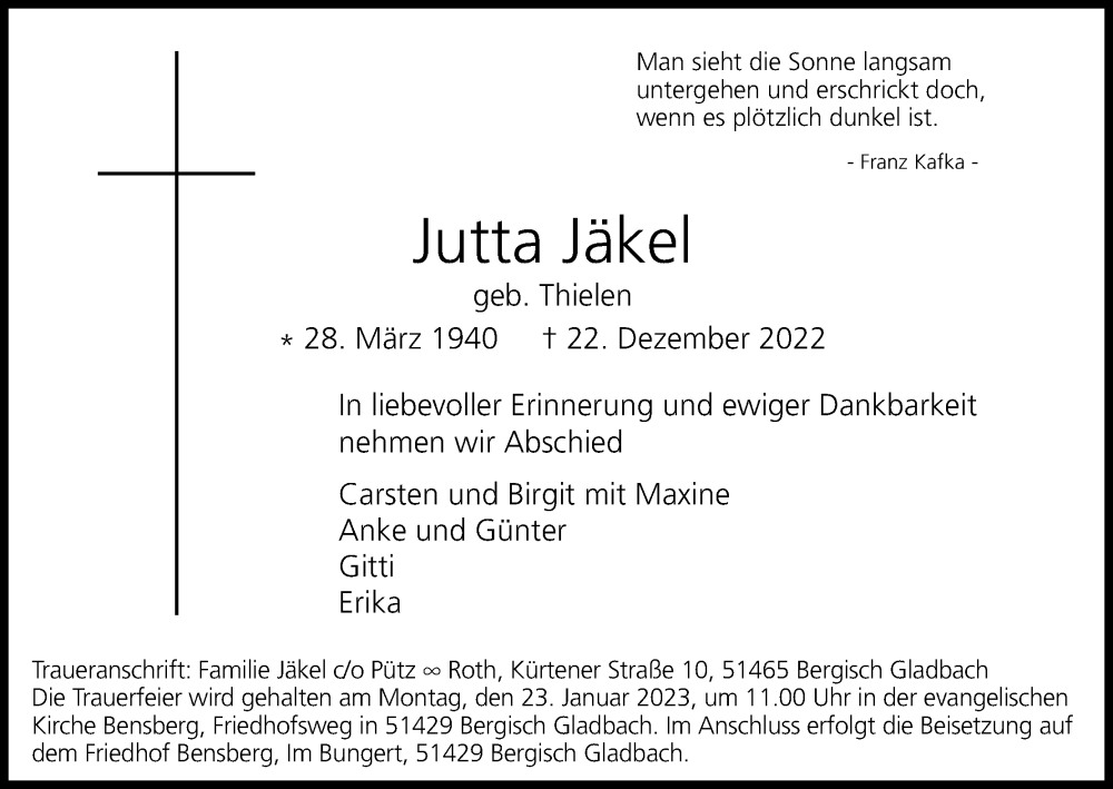  Traueranzeige für Jutta Jäkel vom 07.01.2023 aus Kölner Stadt-Anzeiger / Kölnische Rundschau / Express