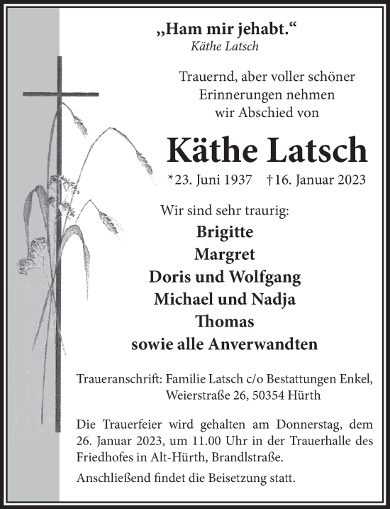 Anzeige von Käthe Latsch von  Wochenende 