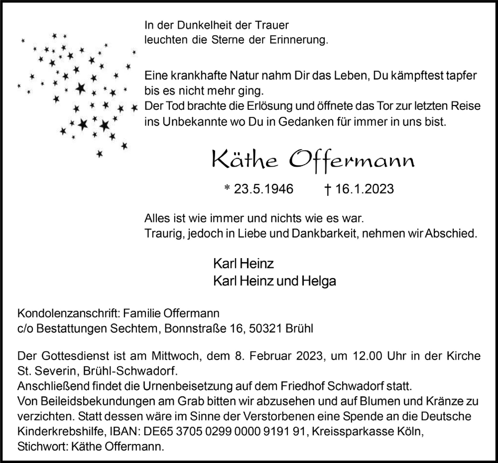  Traueranzeige für Käthe Offermann vom 27.01.2023 aus  Schlossbote/Werbekurier 
