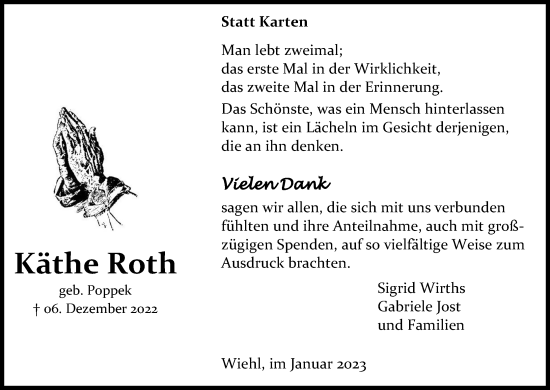 Anzeige von Käthe Roth von Kölner Stadt-Anzeiger / Kölnische Rundschau / Express