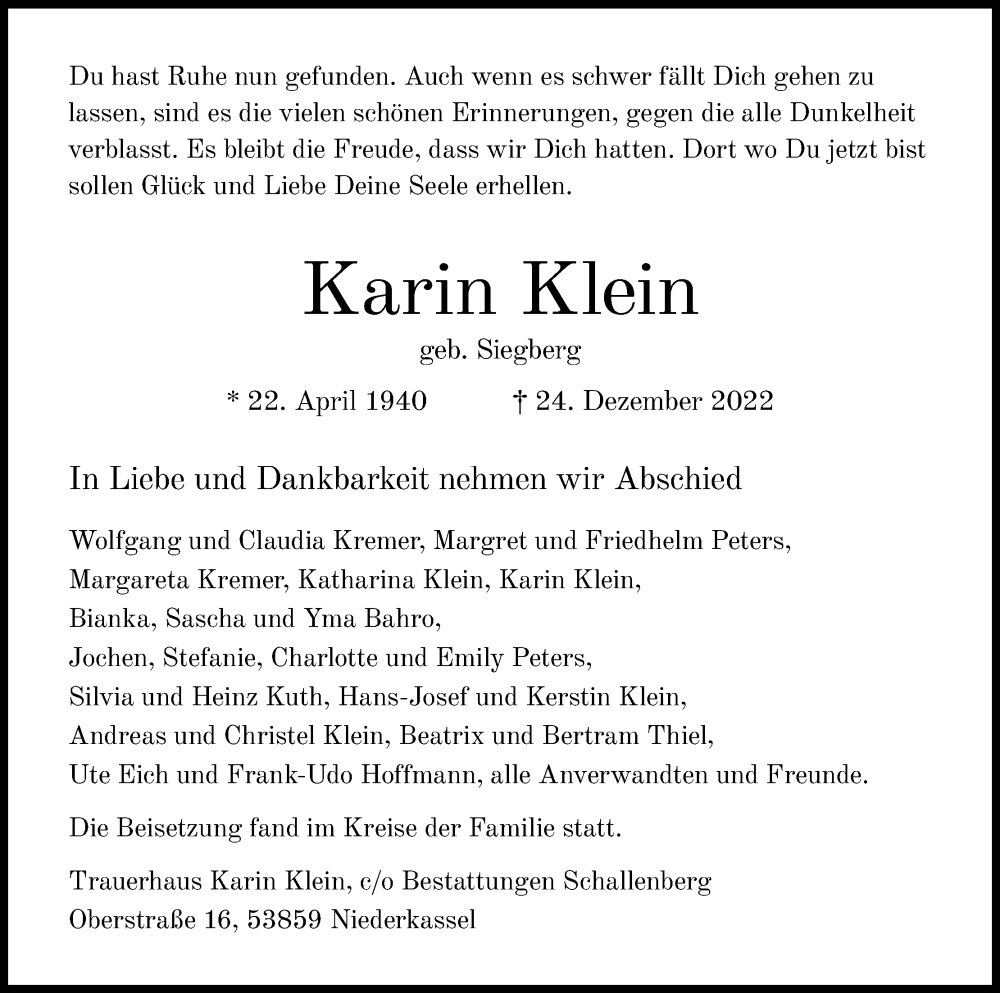  Traueranzeige für Karin Klein vom 14.01.2023 aus Kölner Stadt-Anzeiger / Kölnische Rundschau / Express