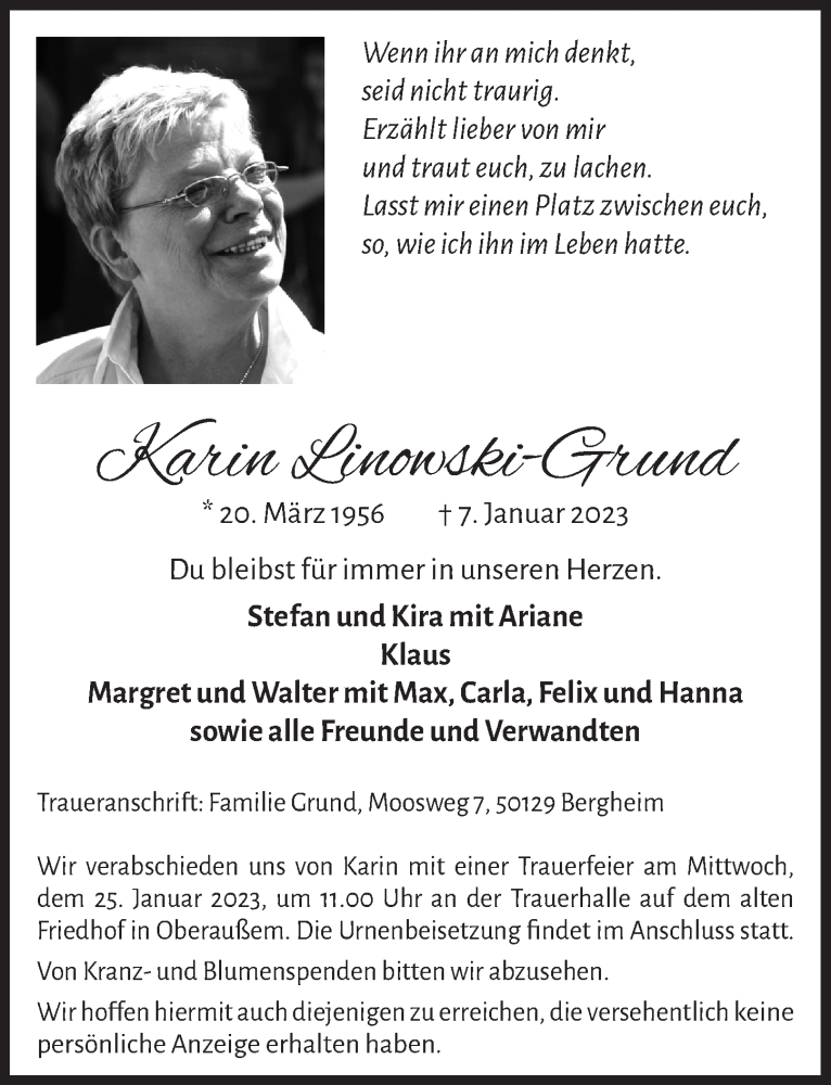  Traueranzeige für Karin Linowski-Grund vom 20.01.2023 aus  Werbepost 