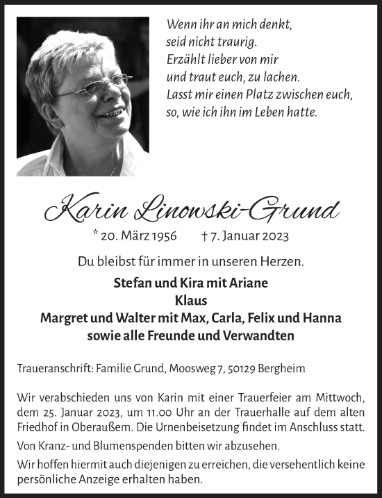 Anzeige von Karin Linowski-Grund von  Werbepost 