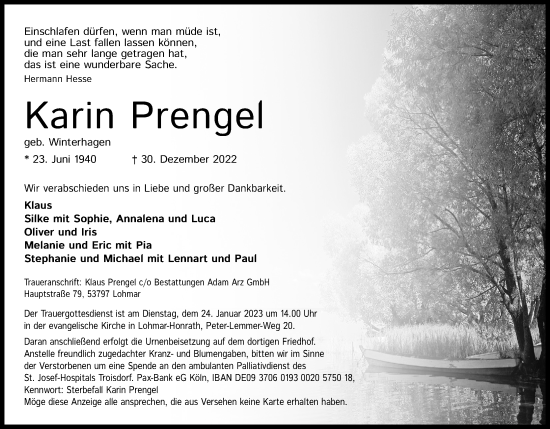 Anzeige von Karin Prengel von Kölner Stadt-Anzeiger / Kölnische Rundschau / Express