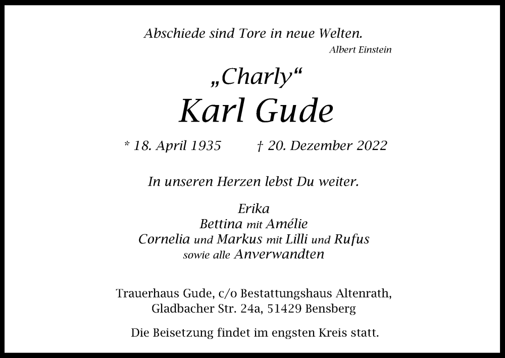  Traueranzeige für Karl Gude vom 07.01.2023 aus Kölner Stadt-Anzeiger / Kölnische Rundschau / Express