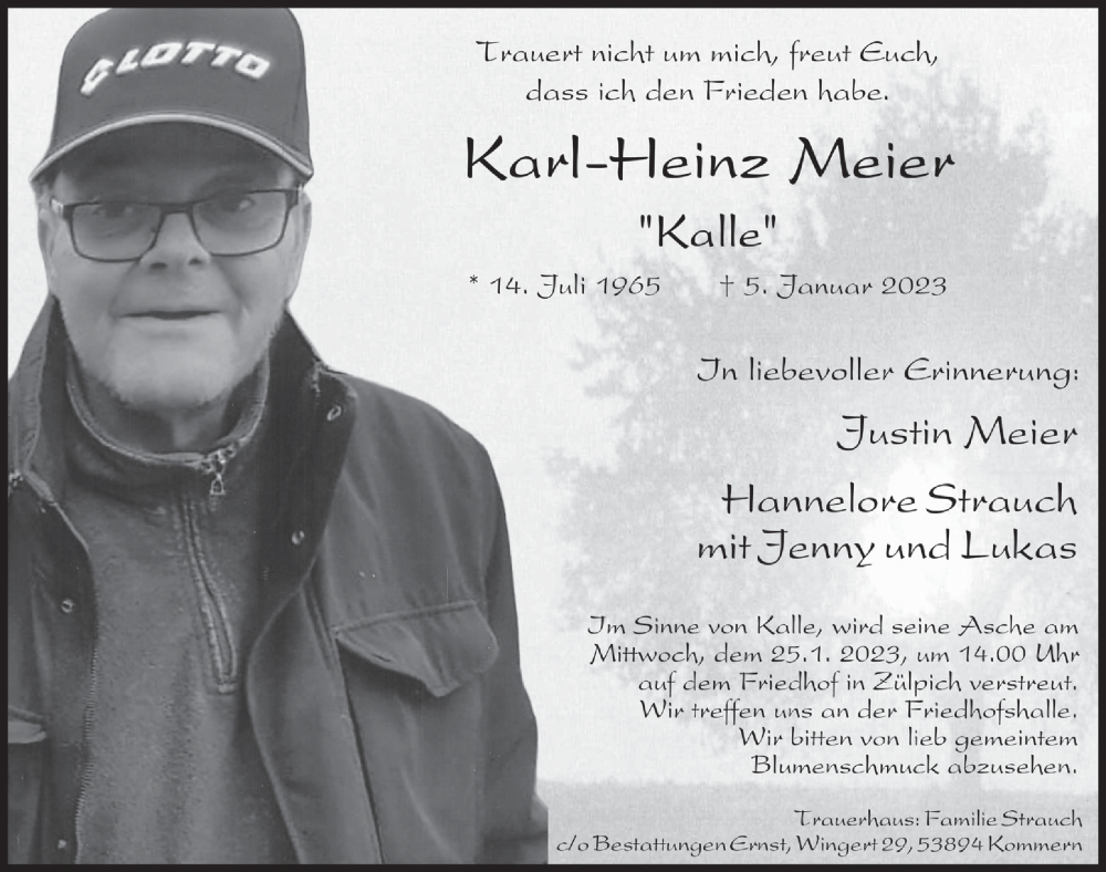  Traueranzeige für Karl-Heinz Meier vom 14.01.2023 aus  Blickpunkt Euskirchen 