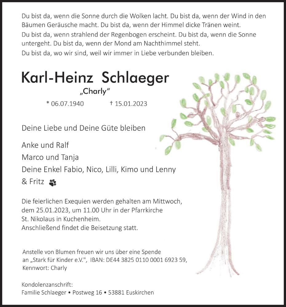  Traueranzeige für Karl-Heinz Schlaeger vom 21.01.2023 aus  Blickpunkt Euskirchen 