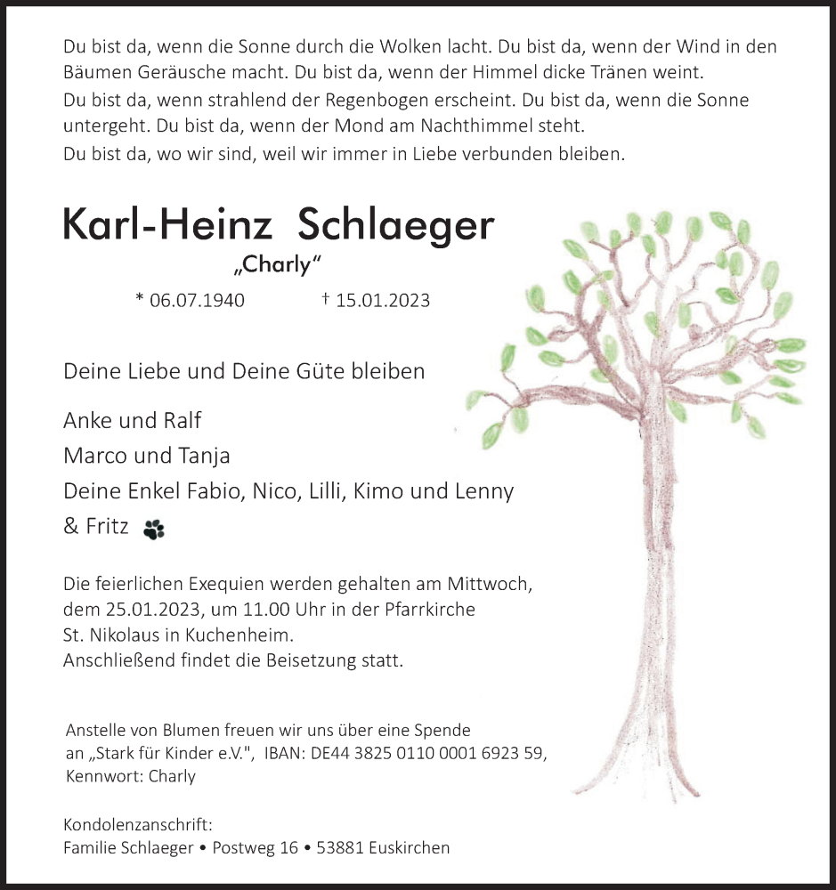  Traueranzeige für Karl-Heinz Schlaeger vom 20.01.2023 aus Kölner Stadt-Anzeiger / Kölnische Rundschau / Express
