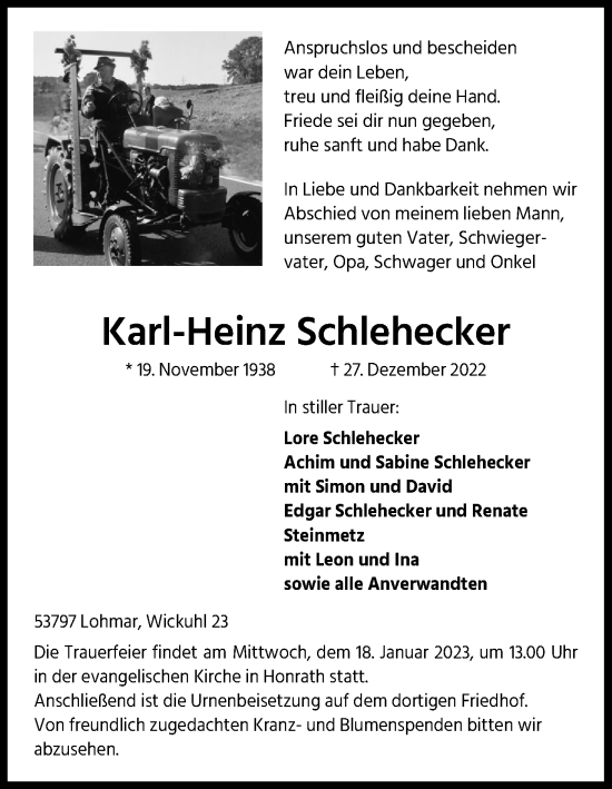 Anzeige von Karl-Heinz Schlehecker von Kölner Stadt-Anzeiger / Kölnische Rundschau / Express