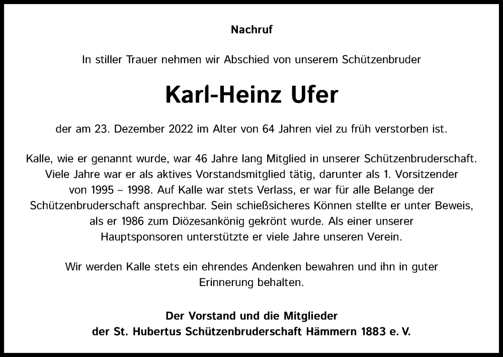  Traueranzeige für Karl-Heinz Ufer vom 07.01.2023 aus Kölner Stadt-Anzeiger / Kölnische Rundschau / Express