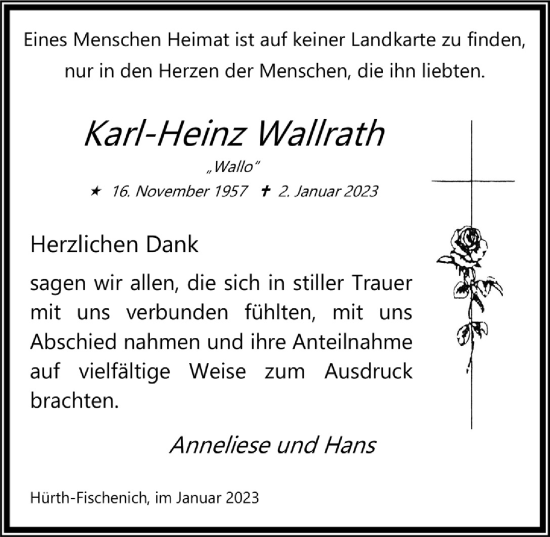 Anzeige von Karl-Heinz Wallrath von  Wochenende 