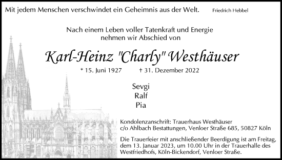 Anzeige von Karl-Heinz Westhäuser von Kölner Stadt-Anzeiger / Kölnische Rundschau / Express