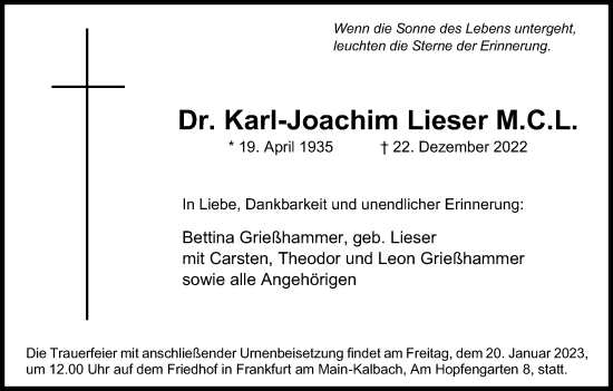 Anzeige von Karl-Joachim Lieser von Kölner Stadt-Anzeiger / Kölnische Rundschau / Express