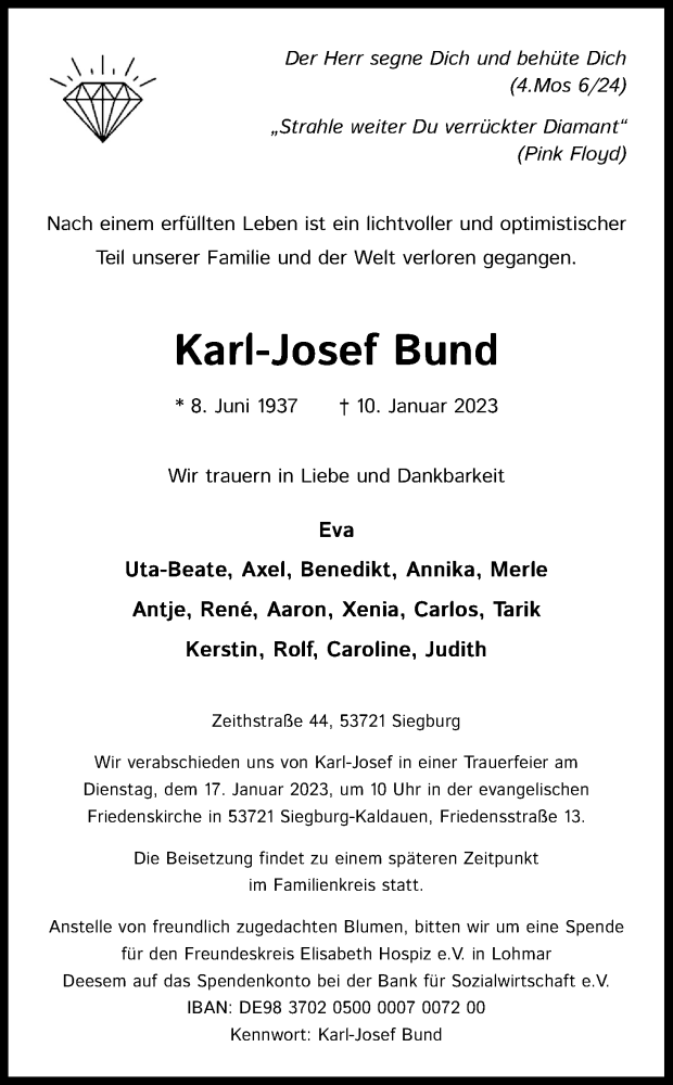  Traueranzeige für Karl-Josef Bund vom 14.01.2023 aus Kölner Stadt-Anzeiger / Kölnische Rundschau / Express