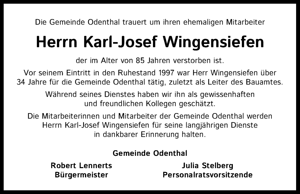  Traueranzeige für Karl-Josef Wingensiefen vom 04.01.2023 aus Kölner Stadt-Anzeiger / Kölnische Rundschau / Express