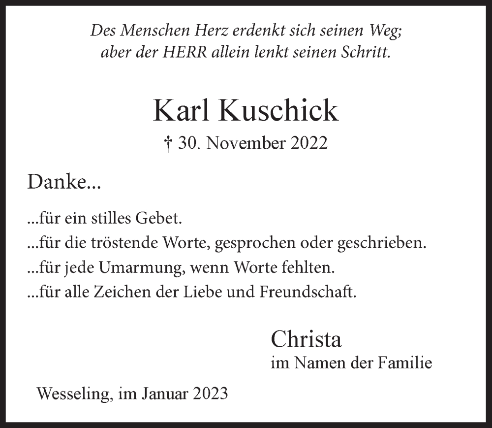  Traueranzeige für Karl Kuschick vom 06.01.2023 aus  Schlossbote/Werbekurier 
