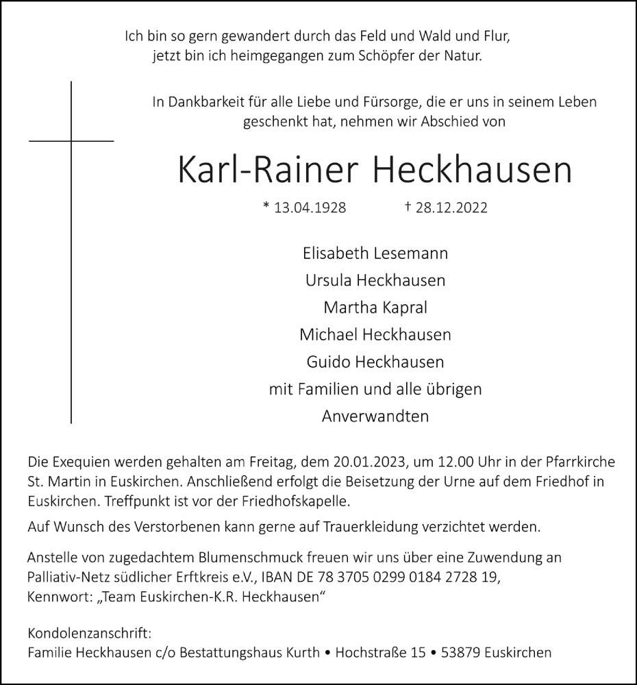  Traueranzeige für Karl-Rainer Heckhausen vom 14.01.2023 aus  Blickpunkt Euskirchen 
