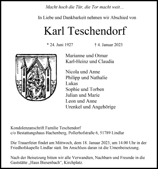 Anzeige von Karl Teschendorf von Kölner Stadt-Anzeiger / Kölnische Rundschau / Express