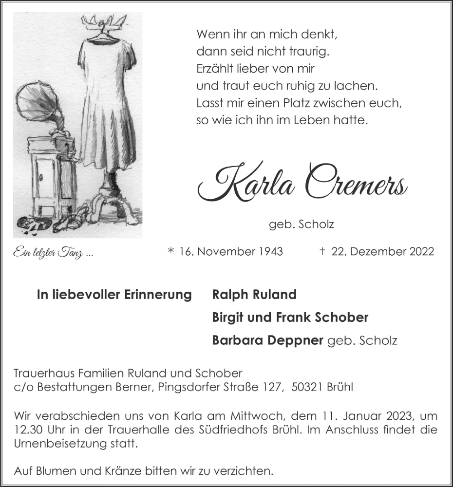  Traueranzeige für Karla Cremers vom 06.01.2023 aus  Schlossbote/Werbekurier 