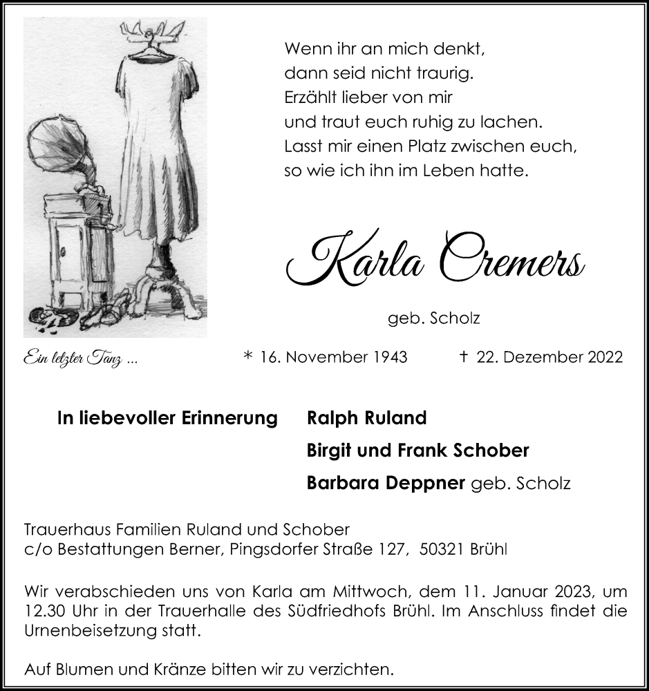  Traueranzeige für Karla Kremers vom 07.01.2023 aus Kölner Stadt-Anzeiger / Kölnische Rundschau / Express
